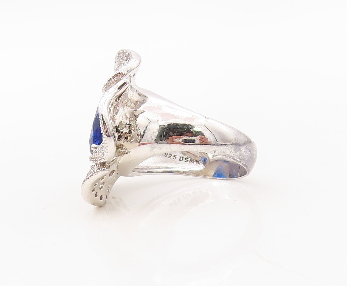 925 Sterling Silver Vintage Ring Oval Sapphire & CZ Inlay Flower Sz 7.5  RG30236