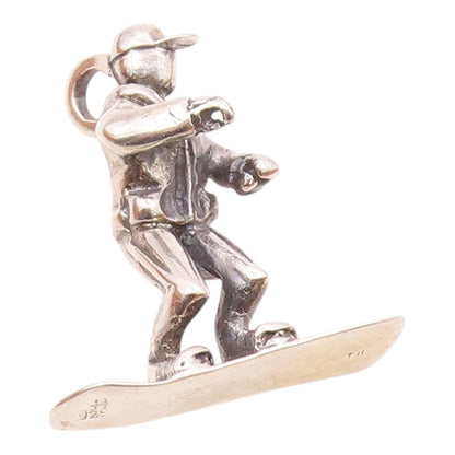 925 Sterling Silver  Vintage Shiny Snowboarder Sports Motif Pendant  PT18450