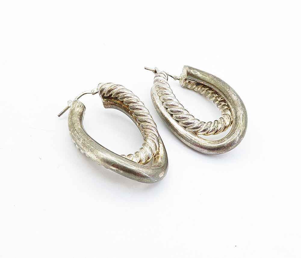 925 Sterling Silver  Vintage Dark Tone Hollow Twist Hoop Earrings  EG2743