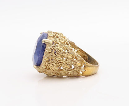 925 Sterling Silver Vintage Ring Gold Plated Carved Gemstones  Sz 7  RG30960