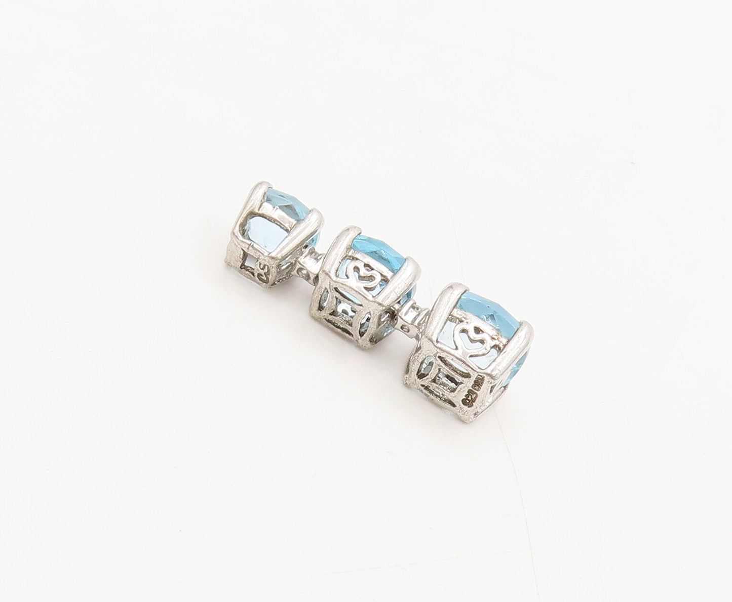 925 Sterling Silver  Vintage 3 Linked Faceted Blue Topaz Drop Pendant  PT22311