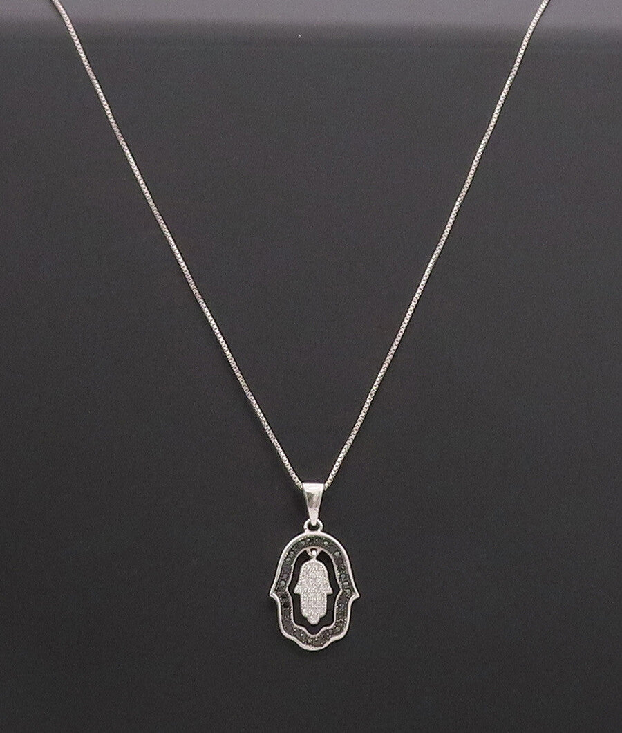925 Sterling Silver Vintage Necklace Minimalist Inlay Onyx & Topaz Hamas  NE4241
