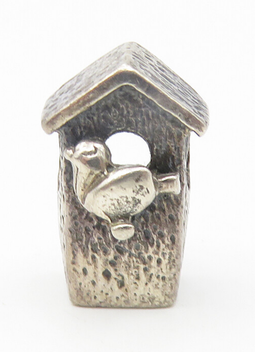 925 Sterling Silver  Vintage Petite Dark Tone Bird House Slide Pendant  PT8696