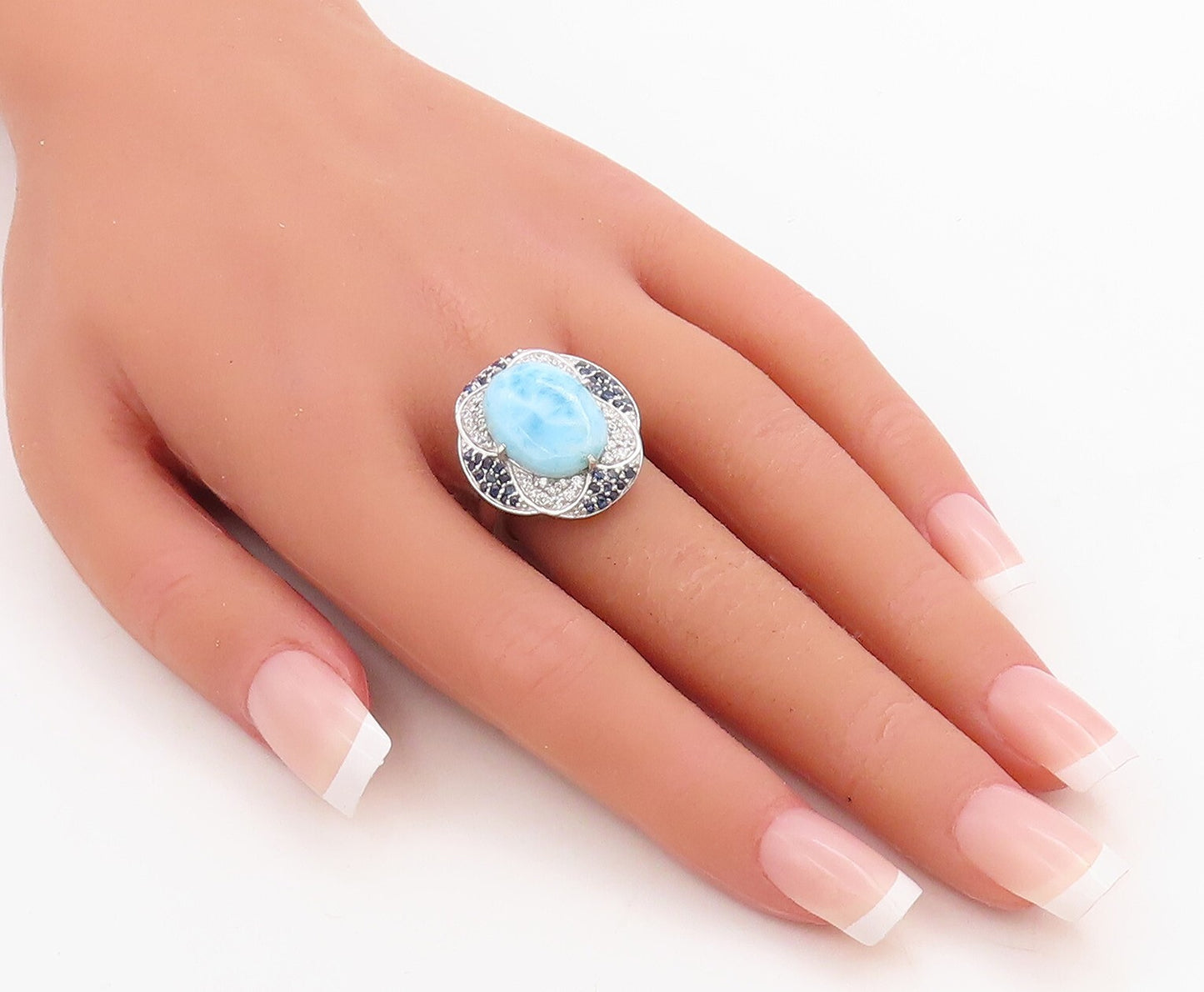 925 Sterling Silver Vintage Ring Larimar Halo Sapphire & CZ Inlay Sz 7  RG30733