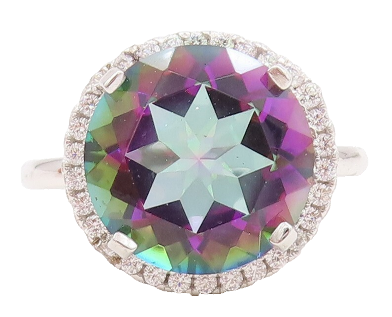 925 Sterling Silver Vintage Ring Round Cut Mystic Topaz Halo CZ  Sz 7  RG29744