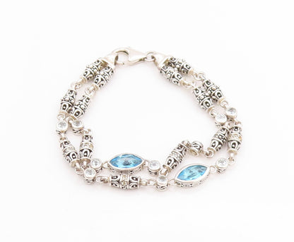 925 Sterling Silver Vintage Bracelet Marquise Blue Topaz Etched Barrels  BT11391
