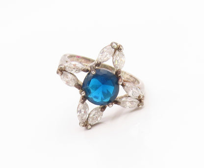 925 Sterling Silver Vintage Ring Blue & White Topaz Flower Band  Sz 8  RG35565