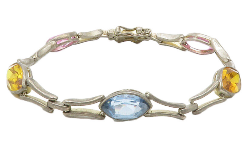 925 Sterling Silver  Vintage Amethyst Citrine & Topaz Chain Bracelet  BT5217