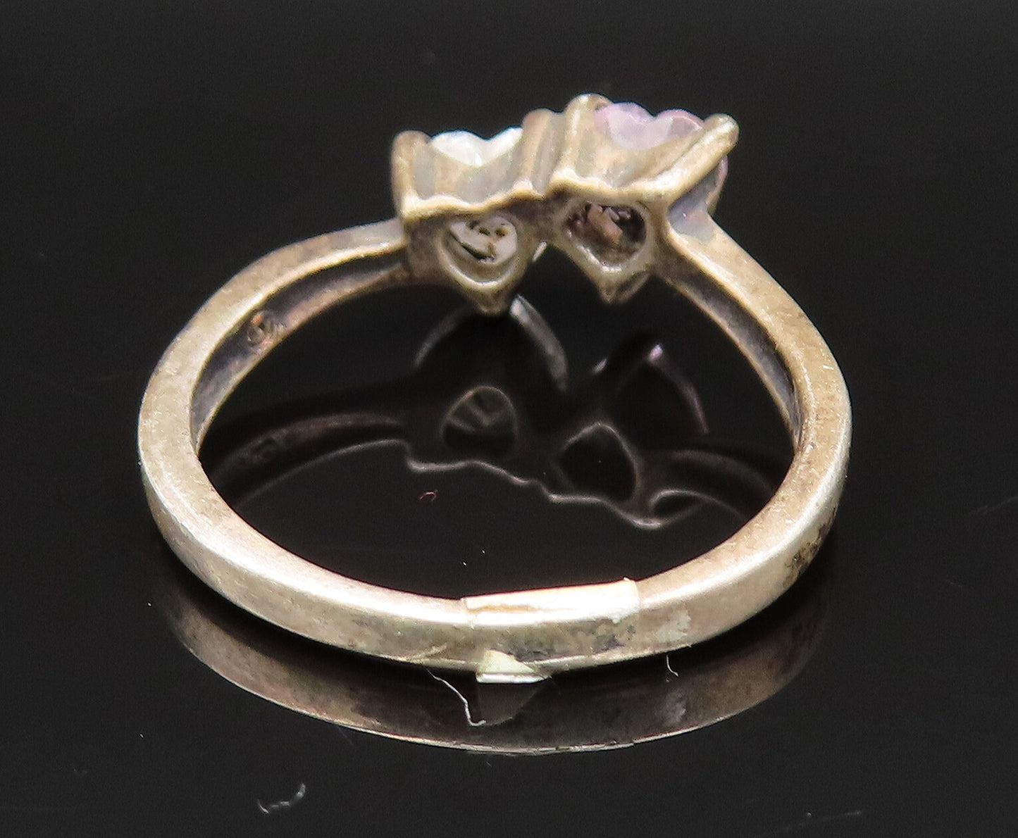 925 Sterling Silver Vintage Oxidized Double Topaz Love Heart Ring Sz 6 RG25382