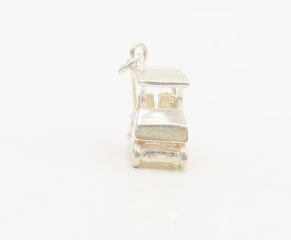925 Sterling Silver  Vintage Solid Carved Golf Cart Charm Pendant  PT22378