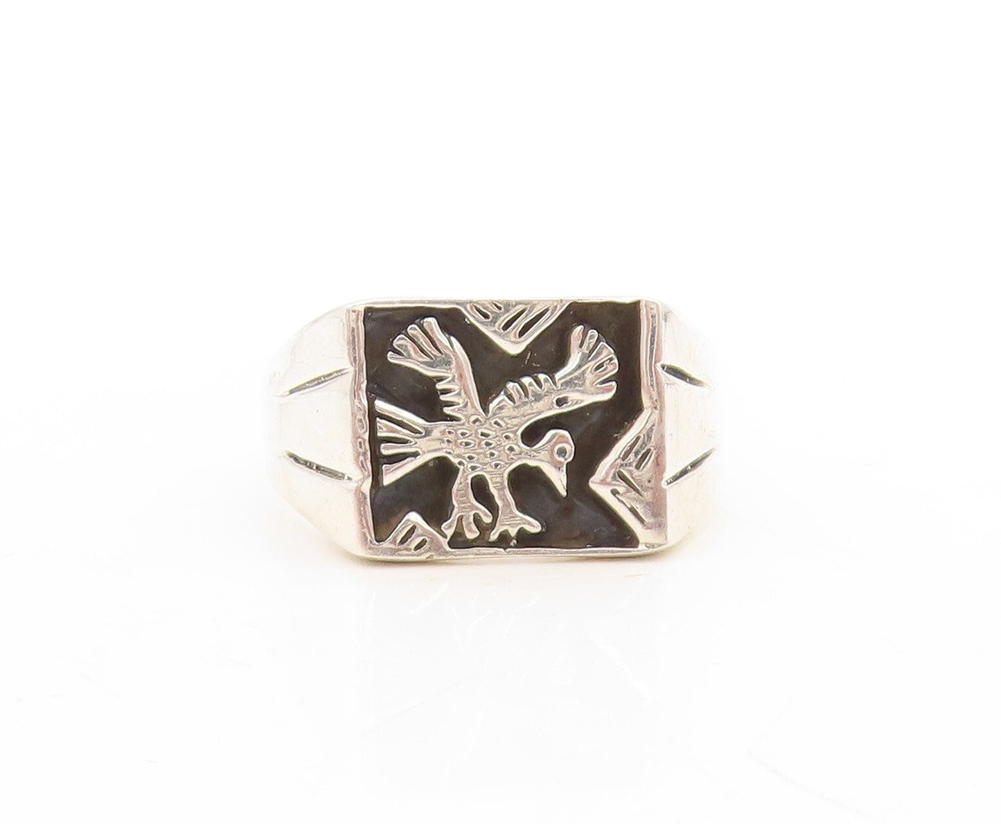 925 Sterling Silver Vintage Ring Tribal Hunting Bird Carved  Sz 13  RG31598