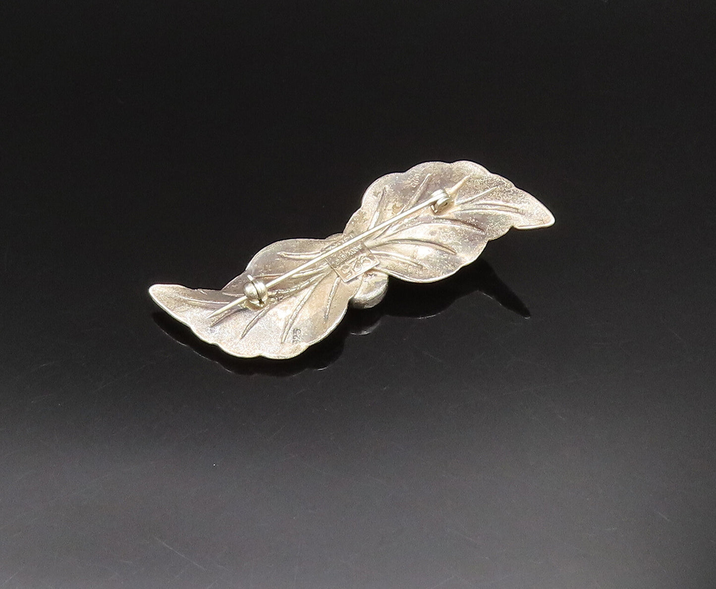 ISRAEL 925 Silver  Vintage Oval Hematite Double Leaf Wings Brooch Pin  BP9746