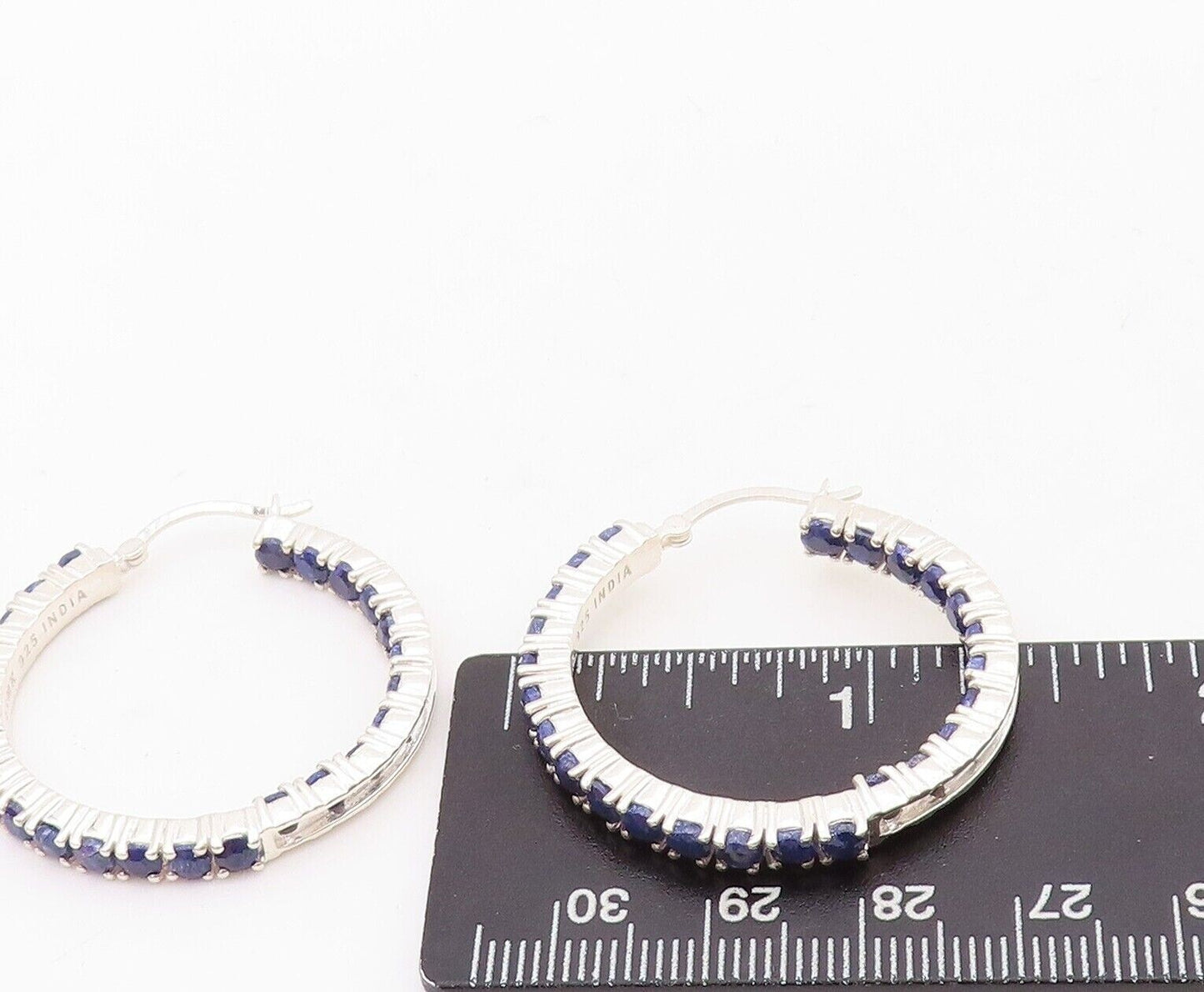 925 Sterling Silver Vintage Earrings Minimalist Sapphire Inlay Hoops  EG13154