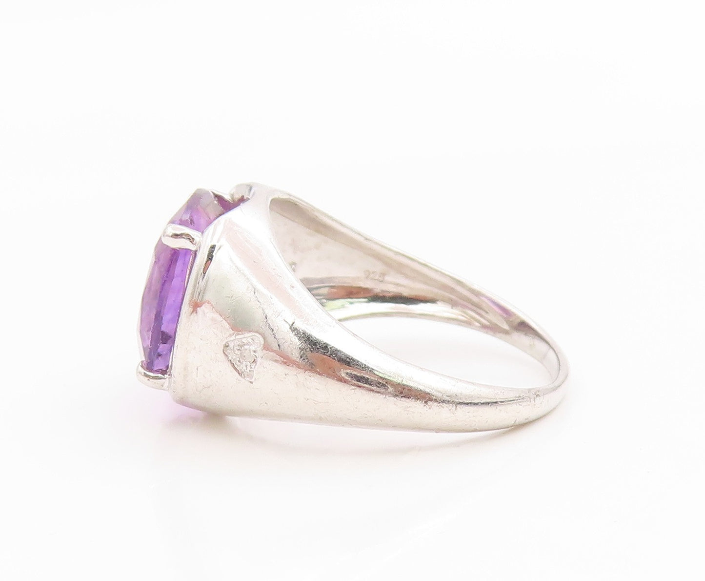 925 Sterling Silver Vintage Ring Real Diamonds & Amethyst Band  Sz 10  RG36051