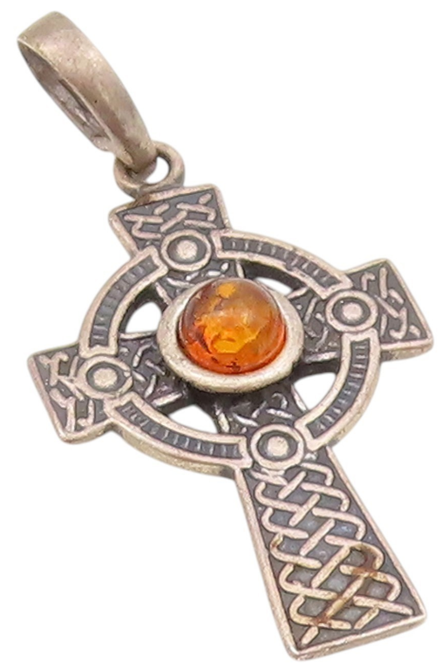 925 Sterling Silver Vintage Pendant Cabochon Amber Religious Cross  PT24260