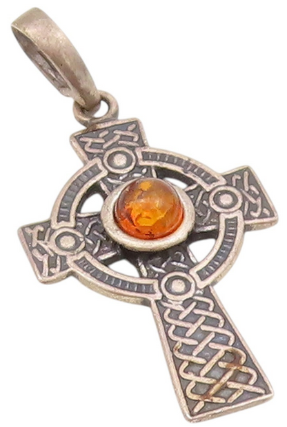 925 Sterling Silver Vintage Pendant Cabochon Amber Religious Cross  PT24260