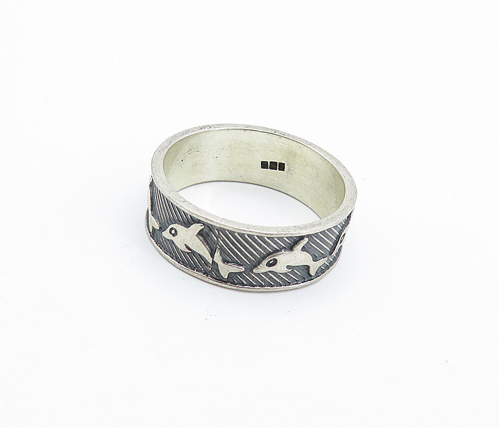 925 Sterling Silver  Vintage Oxidized Dolphins Large Band Ring Sz 11.5  RG6427
