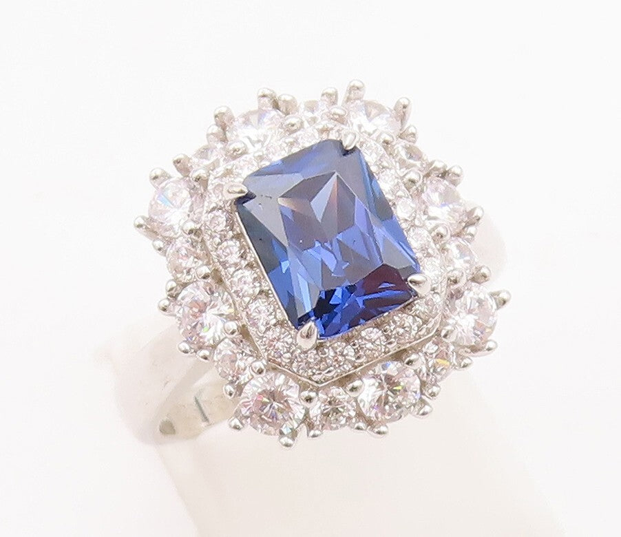 925 Sterling Silver Vintage Ring Blue Rectangle & Round Halo CZ  Sz 7  RG29163