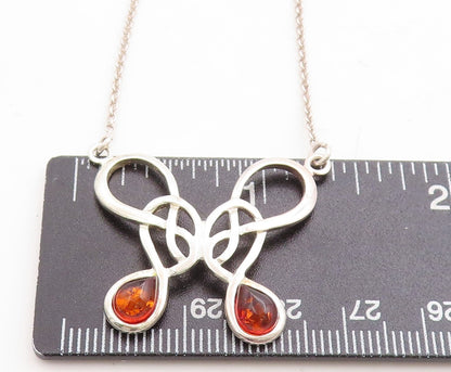 925 Sterling Silver  Cabochon Cut Amber Shiny Knot Chain Necklace  NE1257