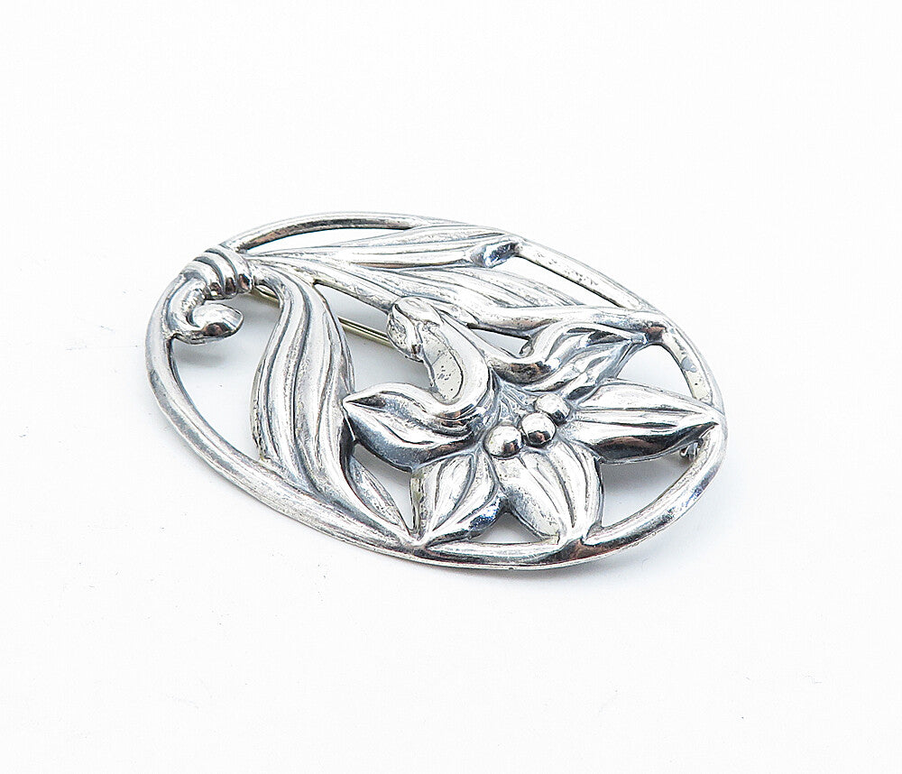 925 Sterling Silver  Vintage Shiny Blooming Flower Oval Brooch Pin  BP2547