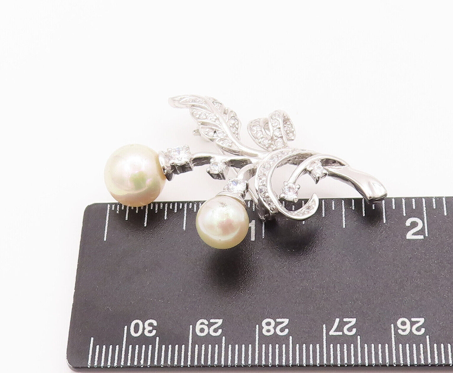 925 Sterling Silver Vintage Brooch Pin Floral Carved Topaz Beaded Pearls BP10819