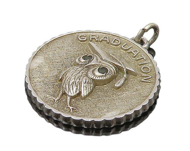 925 Sterling Silver  Vintage Spinel Eyes Graduation Owl Pendant  PT18919