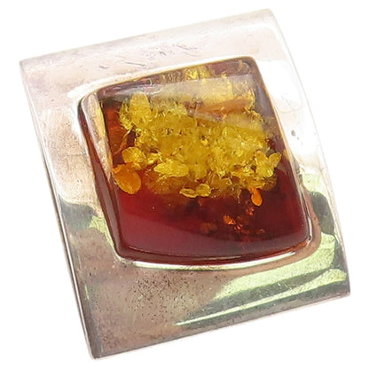 925 Sterling Silver Vintage Pendant Modernist Amber Geometric Charm  PT26360