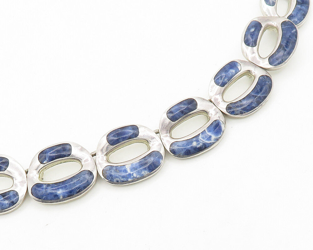 MEXICO 925 Sterling Silver Vintage Inlaid Gemstone Heavy Chain Necklace  NE3177