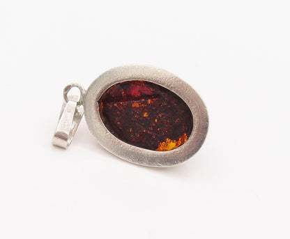 925 Sterling Silver Vintage Pendant POLAND Designer Oval Honey Amber  PT22576
