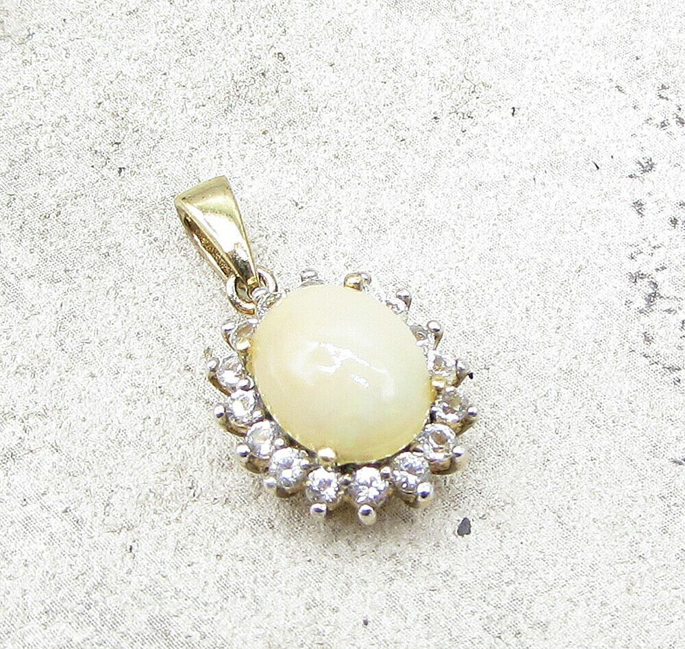 Gold Over 925 Silver Cabochon Cut Fire Opal & White Topaz Drop Pendant PT1136