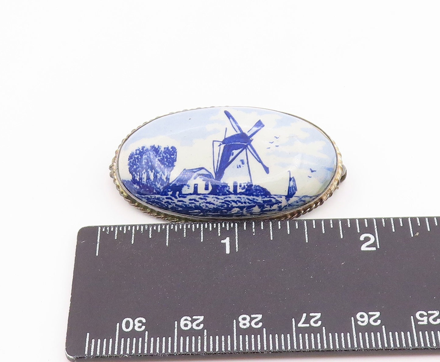 HOLLAND 925 Sterling Silver  Vintage Enamel Windmill Scene Brooch Pin  BP8709
