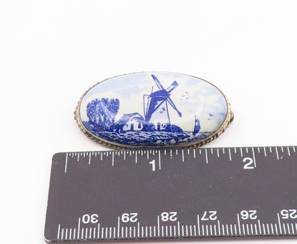 HOLLAND 925 Sterling Silver  Vintage Enamel Windmill Scene Brooch Pin  BP8709