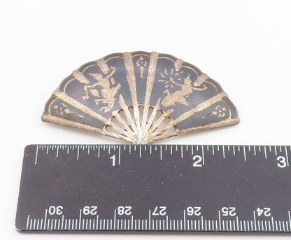 SIAM 925 Sterling Silver  Vintage Niello Enamel Hand Fan Brooch Pin  BP6528