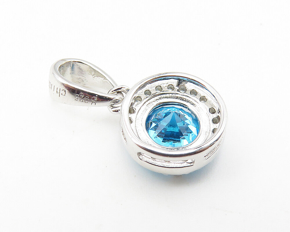 925 Sterling Silver  Prong Set Blue & White Topaz Round Drop Pendant  PT8327