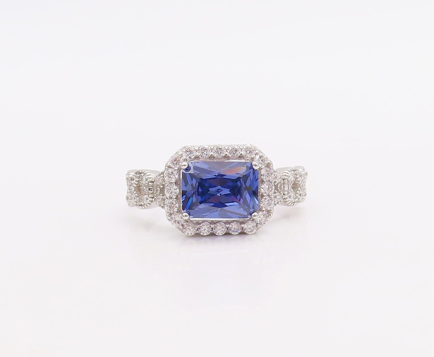 925 Sterling Silver Vintage Ring Designer Rectangle Sapphire & CZ Sz 7  RG30985