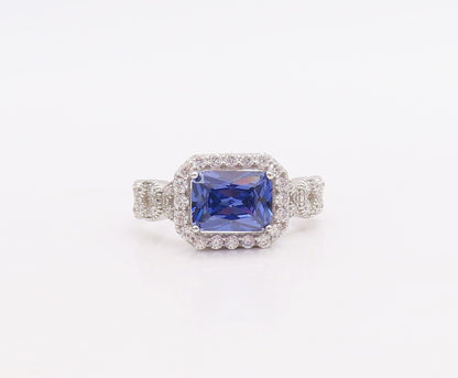 925 Sterling Silver Vintage Ring Designer Rectangle Sapphire & CZ Sz 7  RG30985