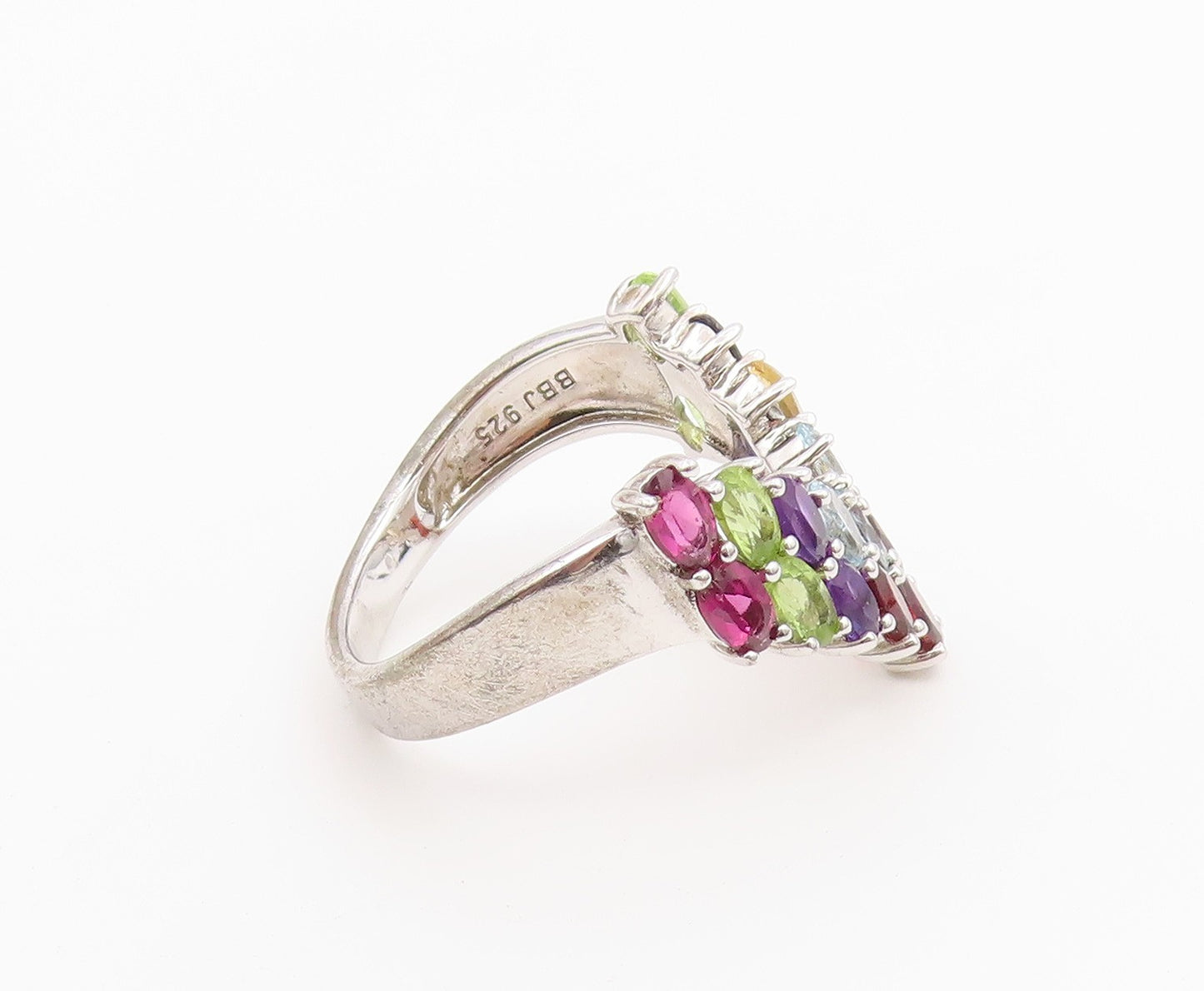 925 Sterling Silver Vintage Ring Multi Gemstone V Shaped Band  Sz 12  RG36527