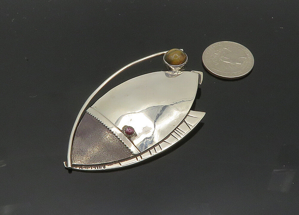 DESIGNER 925 Silver  Vintage Cabochon Tiger's Eye & Garnet Brooch Pin  BP7981