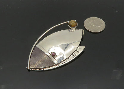 DESIGNER 925 Silver  Vintage Cabochon Tiger's Eye & Garnet Brooch Pin  BP7981