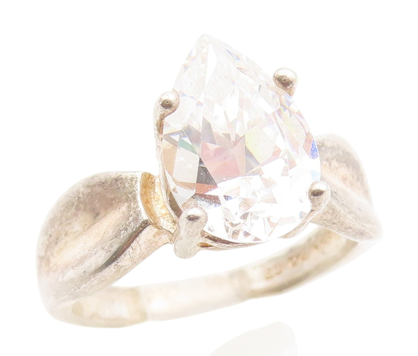 925 Sterling Silver Vintage Ring Teardrop Cut CZ Solitaire Band  Sz 7  RG34186