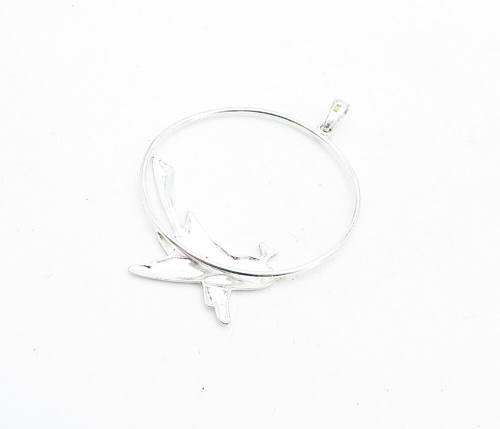 925 Sterling Silver  Shiny Two Tone Flying Bird Open Circle Pendant  PT3588
