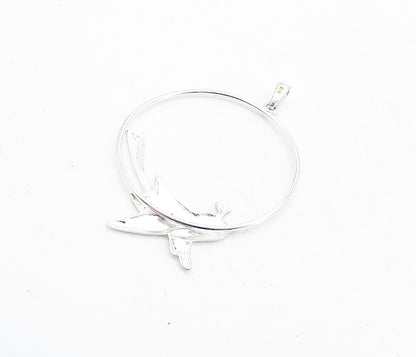 925 Sterling Silver  Shiny Two Tone Flying Bird Open Circle Pendant  PT3588