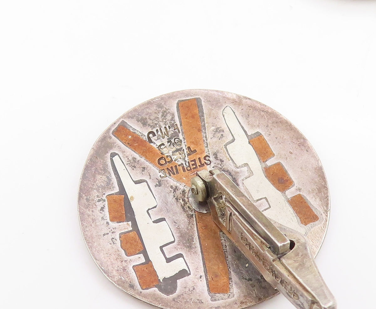 925 Sterling Silver Vintage Cufflinks TAXCO Aztec Geometric Inlay Discs  TR4190
