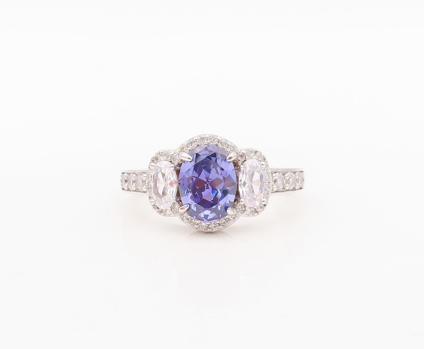 925 Sterling Silver Vintage Ring Oval Cut Sapphire Halo CZ Band  Sz 7  RG30459