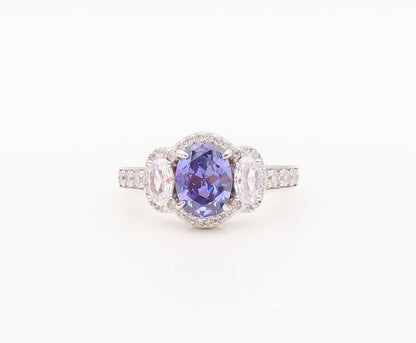 925 Sterling Silver Vintage Ring Oval Cut Sapphire Halo CZ Band  Sz 7  RG30459