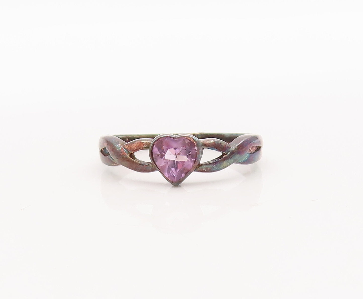925 Sterling Silver Vintage Ring Cutout Neck Heart Cut Amethyst  Sz 7  RG29687
