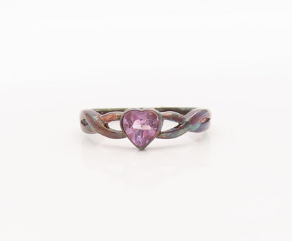 925 Sterling Silver Vintage Ring Cutout Neck Heart Cut Amethyst  Sz 7  RG29687