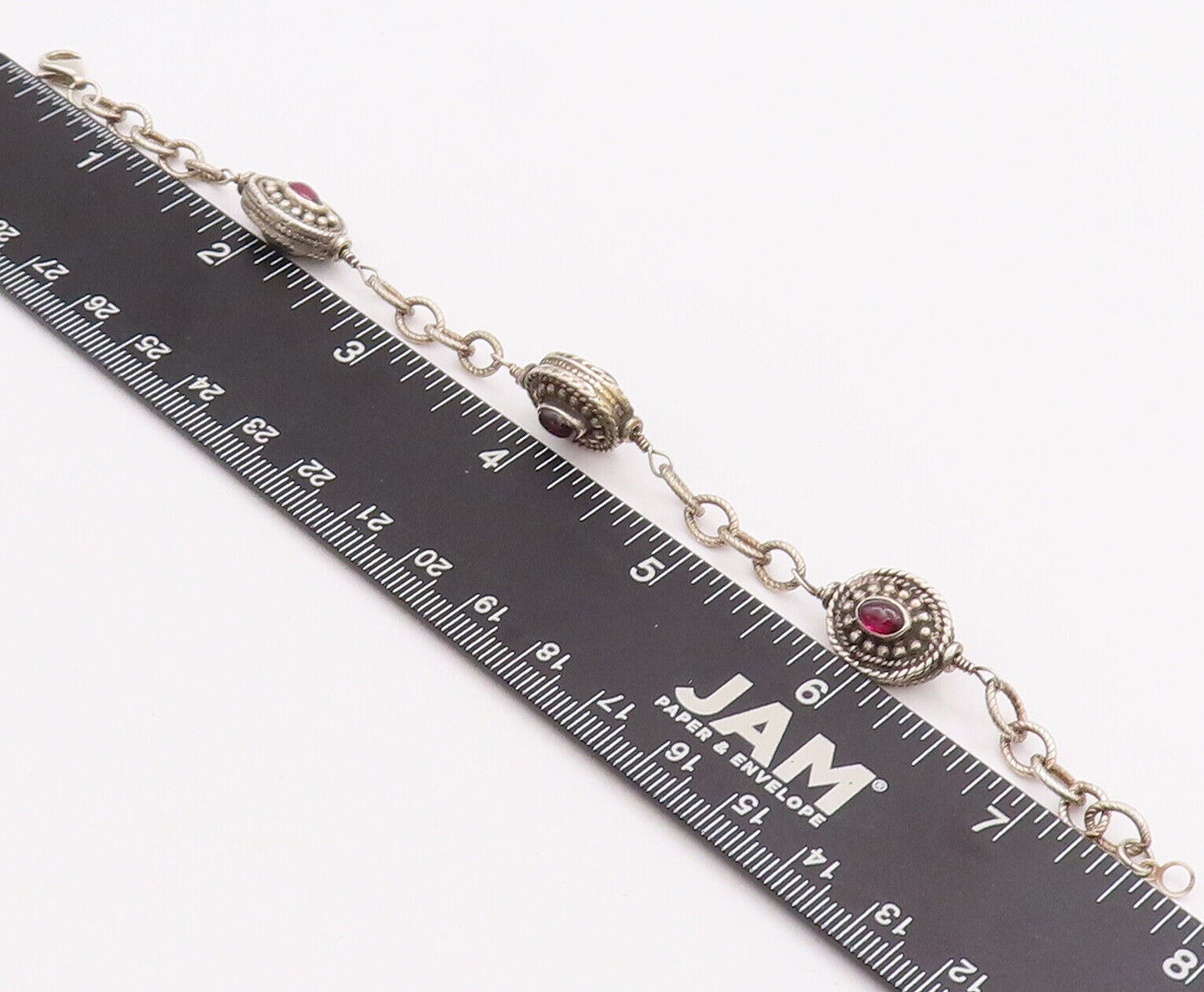 925 Sterling Silver Vintage Bracelet Beaded & Roped Oval Garnet  BT10631