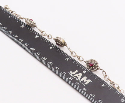 925 Sterling Silver Vintage Bracelet Beaded & Roped Oval Garnet  BT10631