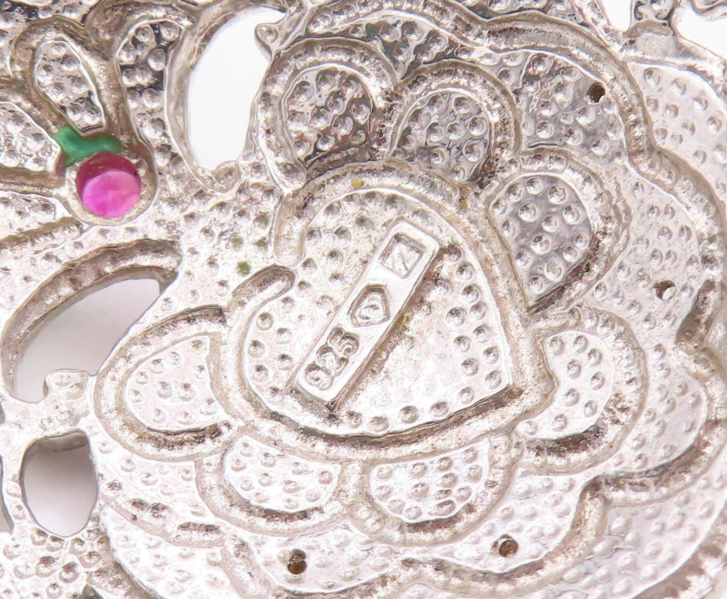 925 Sterling Silver Vintage Pendant CZ & Enameled Floral Gemstone Heart  PT24362